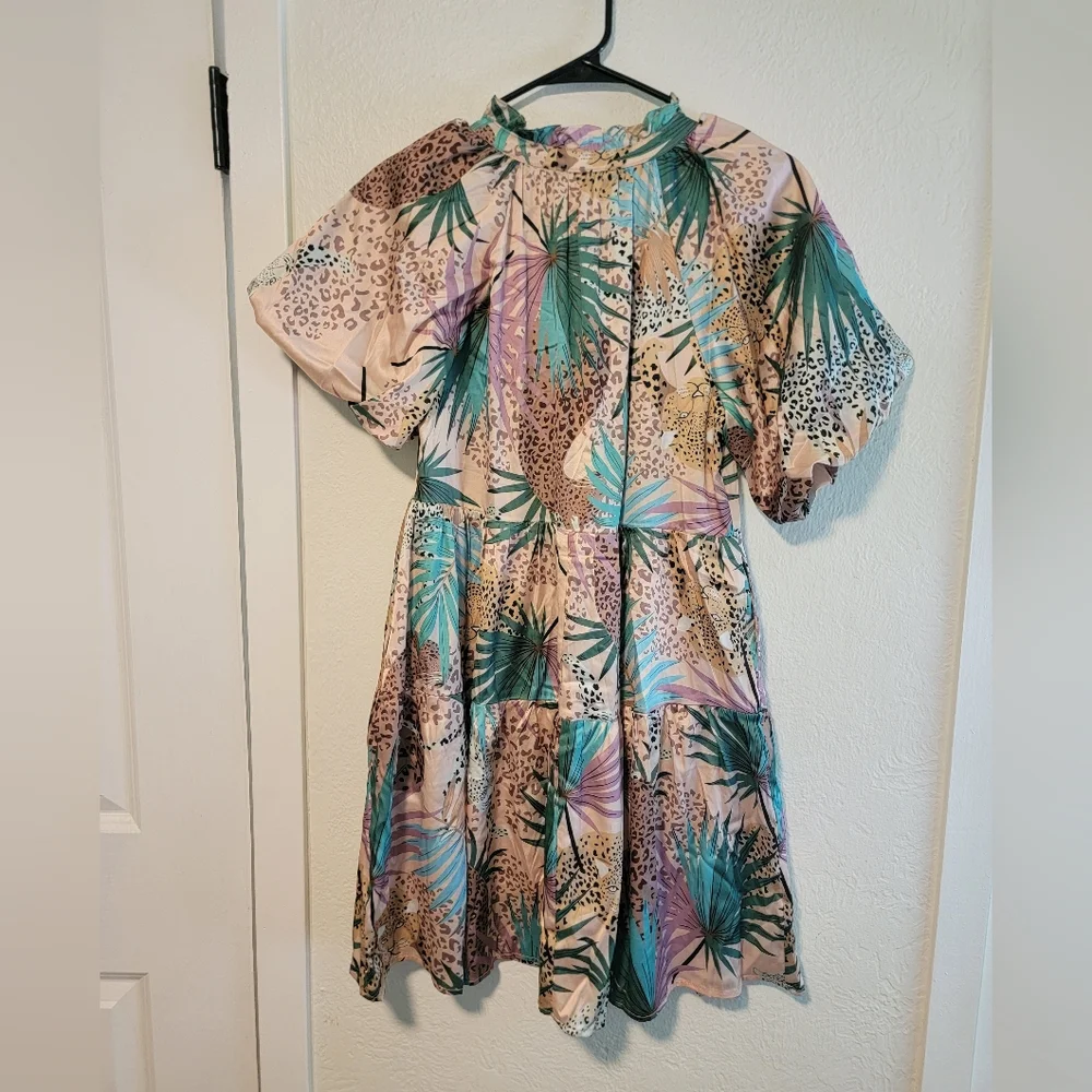 entro Tropical Print Short Dress in Teal, Lavender, Beige